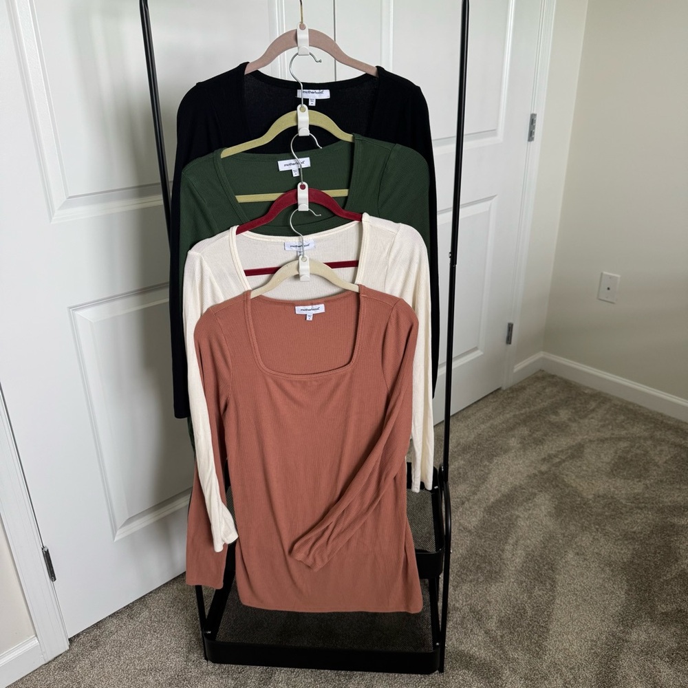 Motherhood maternity ribbed Long Sleeve Tops in Black, Green, Cream, and Brown